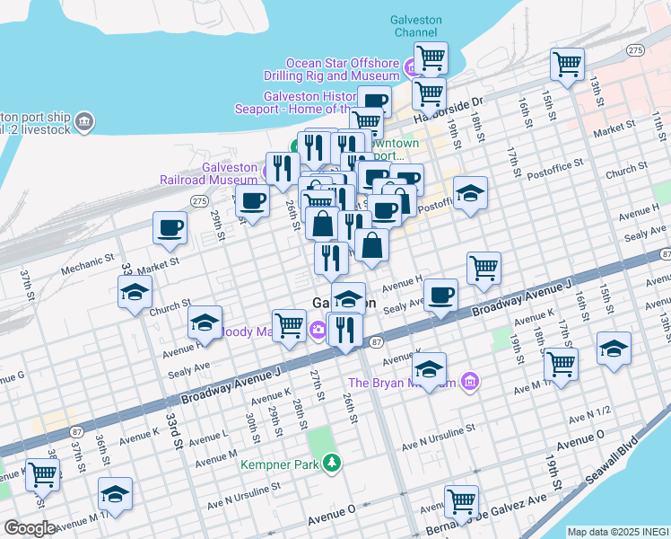 map of restaurants, bars, coffee shops, grocery stores, and more near in Galveston