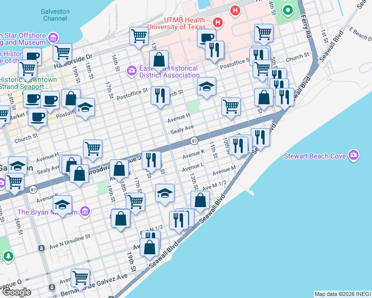 map of restaurants, bars, coffee shops, grocery stores, and more near 1012 13th Street in Galveston