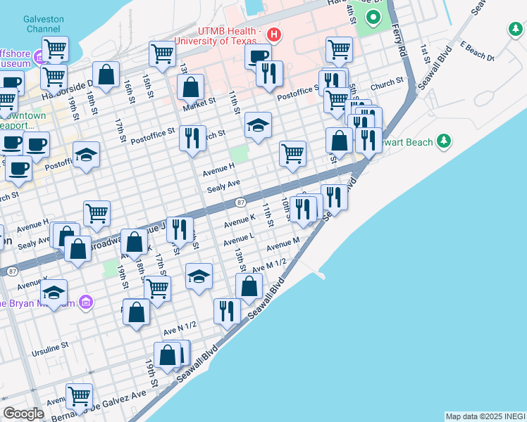 map of restaurants, bars, coffee shops, grocery stores, and more near 1019 Avenue K in Galveston