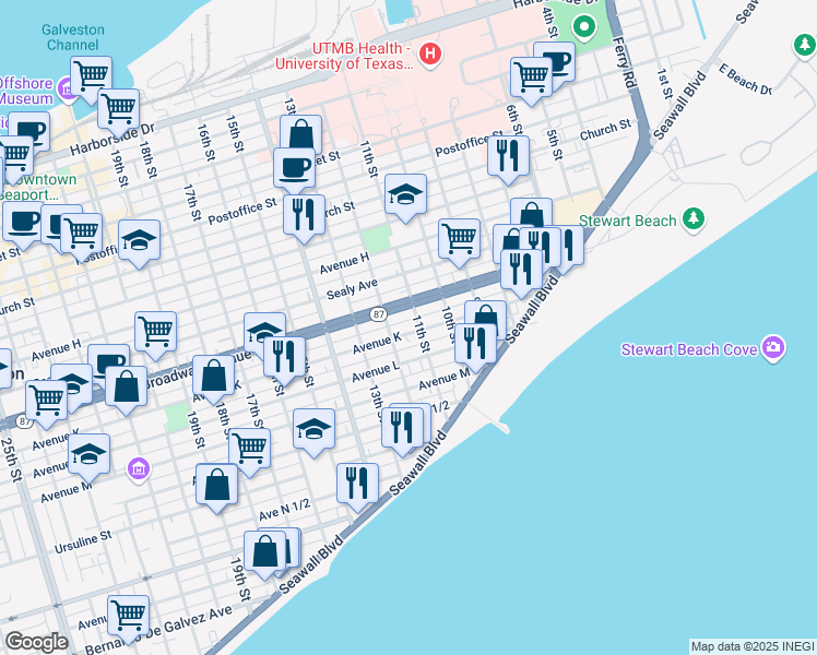 map of restaurants, bars, coffee shops, grocery stores, and more near 1128 Avenue K Rear in Galveston