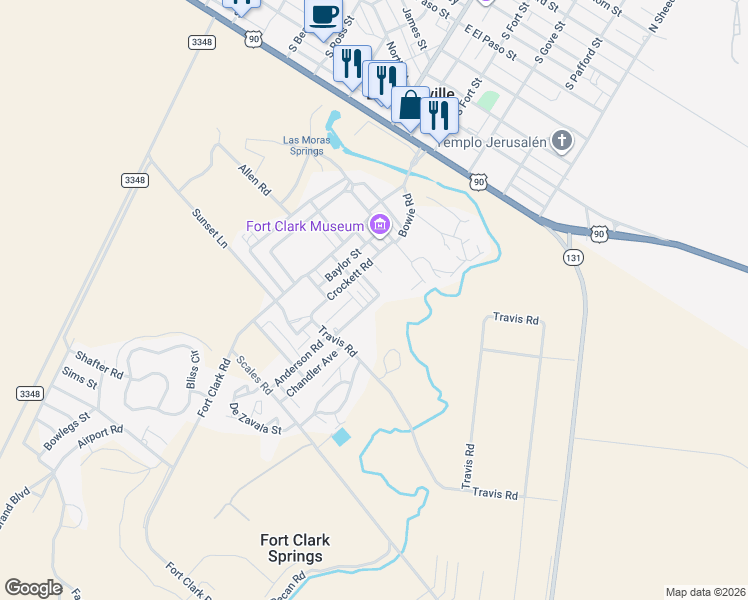 map of restaurants, bars, coffee shops, grocery stores, and more near 7 La Motte Street in Brackettville