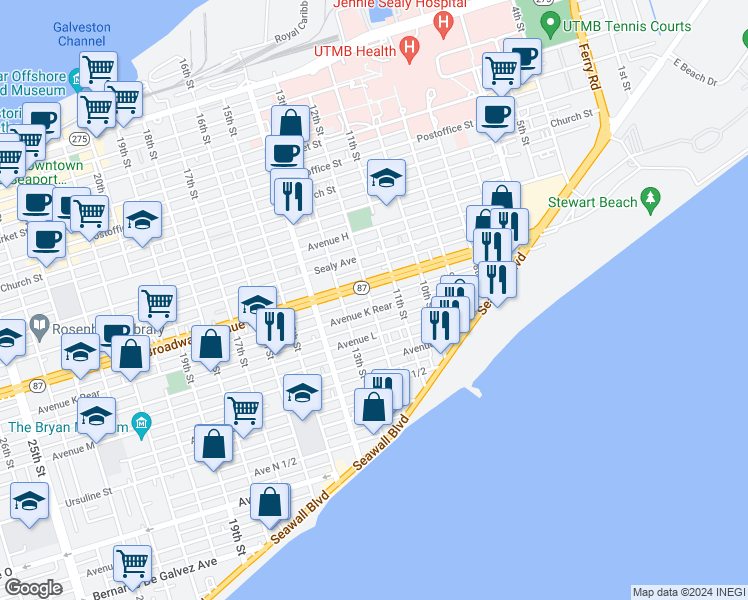 map of restaurants, bars, coffee shops, grocery stores, and more near 1014 12th Street in Galveston