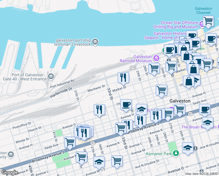 map of restaurants, bars, coffee shops, grocery stores, and more near 320 33rd Street in Galveston