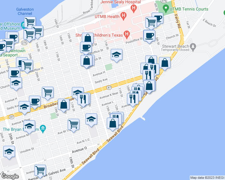 map of restaurants, bars, coffee shops, grocery stores, and more near 1012 12th Street in Galveston