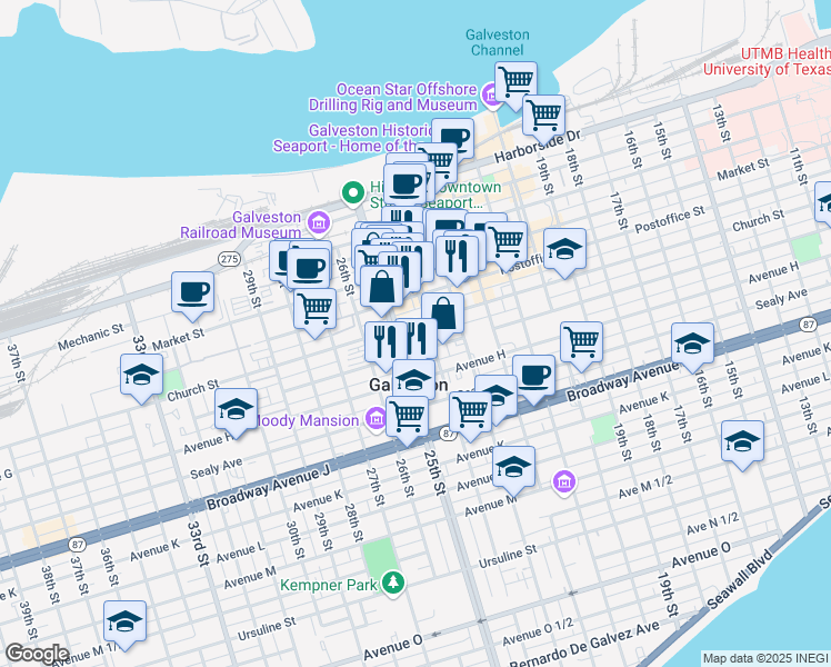 map of restaurants, bars, coffee shops, grocery stores, and more near in Galveston