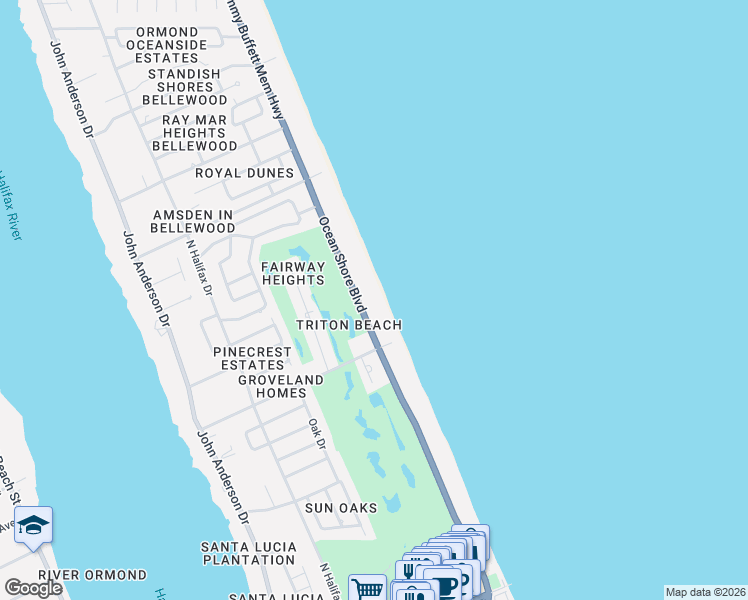 map of restaurants, bars, coffee shops, grocery stores, and more near 431 Ocean Shore Boulevard in Ormond Beach