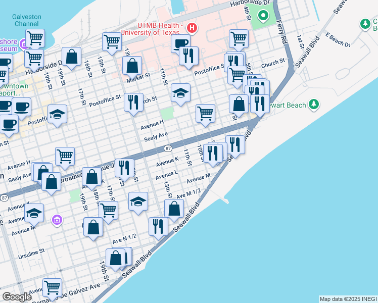 map of restaurants, bars, coffee shops, grocery stores, and more near 1019 Avenue K in Galveston