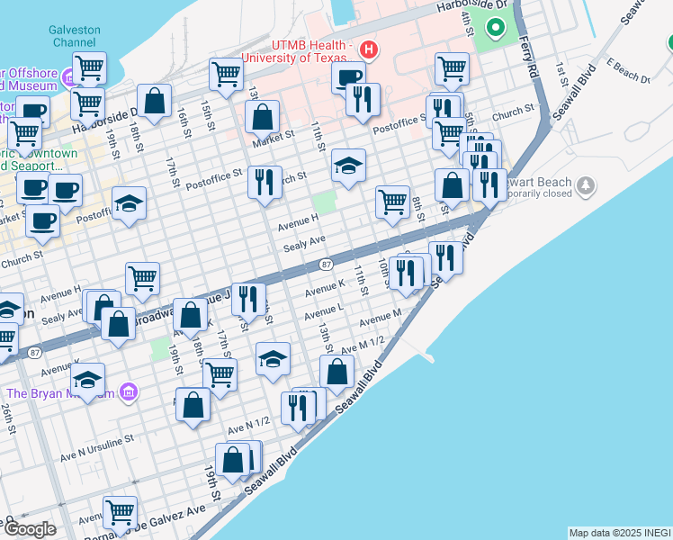 map of restaurants, bars, coffee shops, grocery stores, and more near 1128 Avenue K Rear in Galveston
