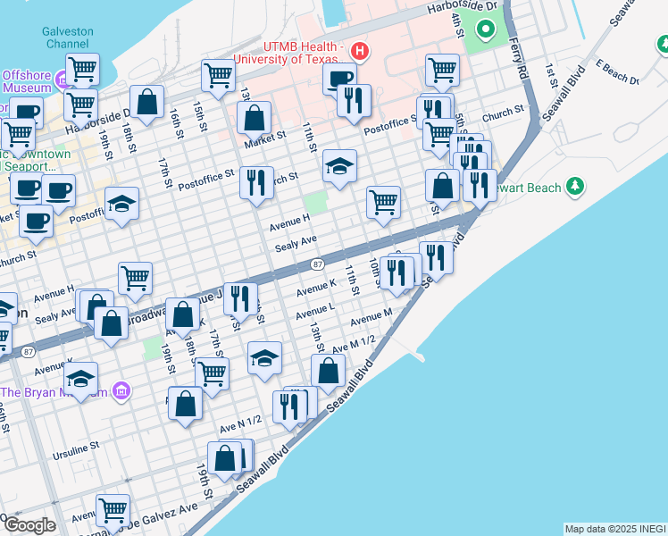 map of restaurants, bars, coffee shops, grocery stores, and more near 1128 Avenue K Rear in Galveston