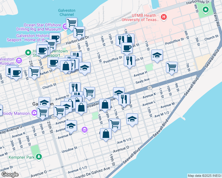 map of restaurants, bars, coffee shops, grocery stores, and more near 1628 Broadway Avenue J in Galveston