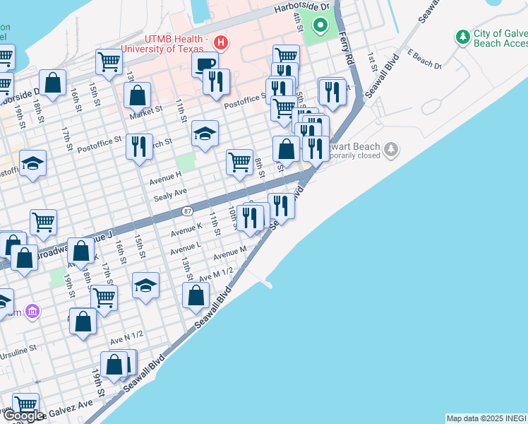 map of restaurants, bars, coffee shops, grocery stores, and more near 802 Seawall Boulevard in Galveston