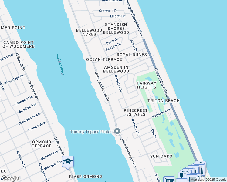 map of restaurants, bars, coffee shops, grocery stores, and more near 496 Druid Circle in Ormond Beach