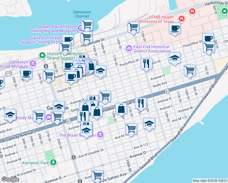 map of restaurants, bars, coffee shops, grocery stores, and more near 1727 Sealy Avenue in Galveston