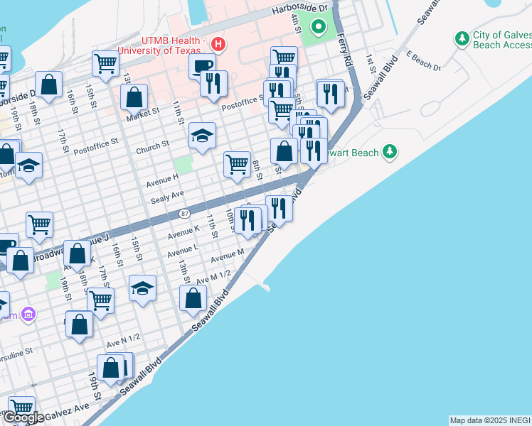 map of restaurants, bars, coffee shops, grocery stores, and more near 728 Avenue K in Galveston