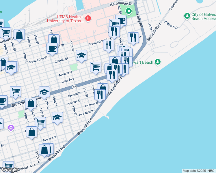 map of restaurants, bars, coffee shops, grocery stores, and more near 728 Avenue K in Galveston