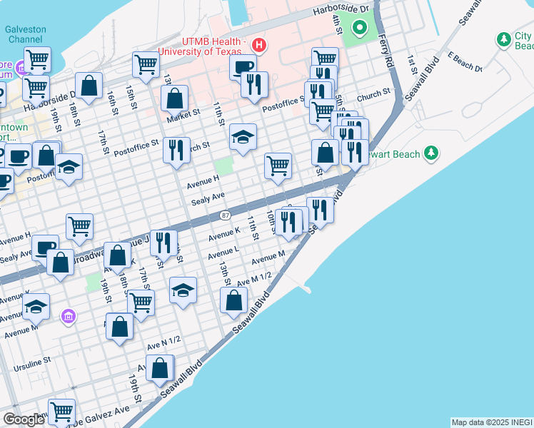 map of restaurants, bars, coffee shops, grocery stores, and more near 1004 Broadway Avenue J in Galveston