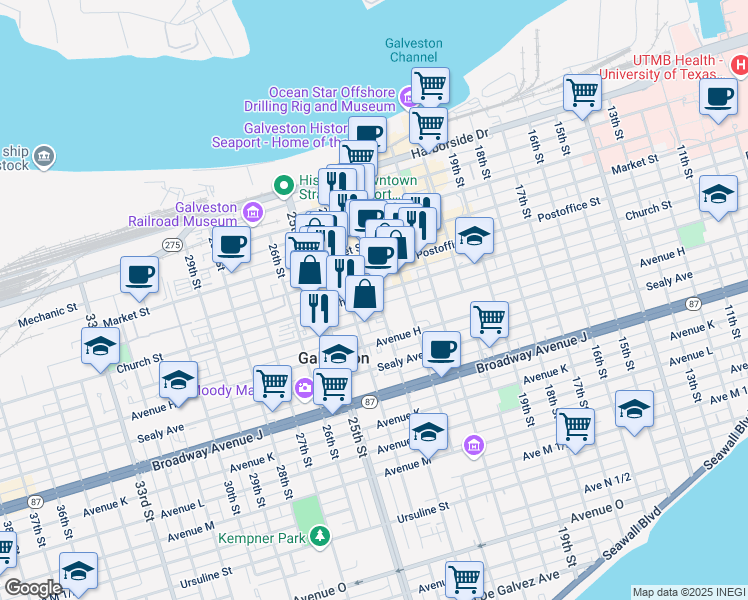 map of restaurants, bars, coffee shops, grocery stores, and more near 601 23rd Street Rear in Galveston