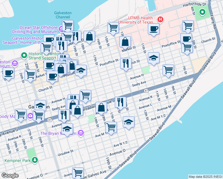 map of restaurants, bars, coffee shops, grocery stores, and more near 1612 Avenue H in Galveston