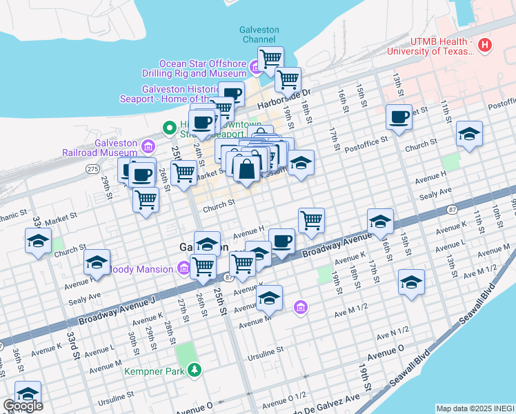 map of restaurants, bars, coffee shops, grocery stores, and more near 2113 Postoffice St in Galveston