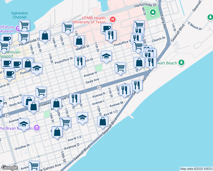 map of restaurants, bars, coffee shops, grocery stores, and more near 1114 Broadway Avenue J in Galveston