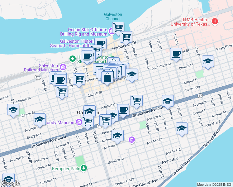 map of restaurants, bars, coffee shops, grocery stores, and more near 2113 Postoffice St in Galveston