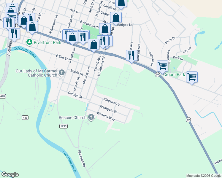 map of restaurants, bars, coffee shops, grocery stores, and more near in Wharton