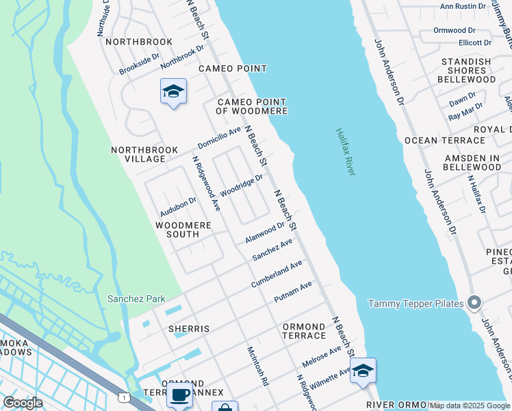 map of restaurants, bars, coffee shops, grocery stores, and more near 723 Knollview Boulevard in Ormond Beach
