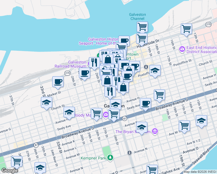 map of restaurants, bars, coffee shops, grocery stores, and more near 523 25th Street in Galveston