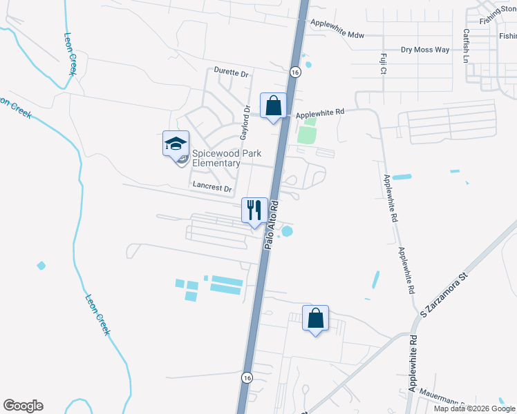 map of restaurants, bars, coffee shops, grocery stores, and more near 11557 Texas 16 in San Antonio