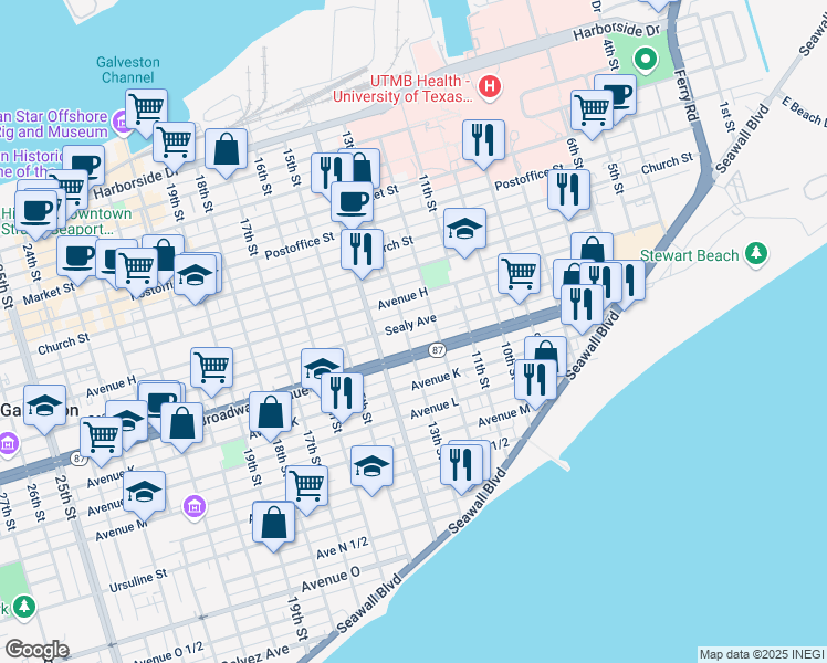 map of restaurants, bars, coffee shops, grocery stores, and more near 1223 Sealy Avenue in Galveston