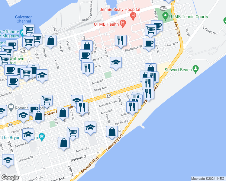 map of restaurants, bars, coffee shops, grocery stores, and more near 1114 Broadway Avenue J in Galveston