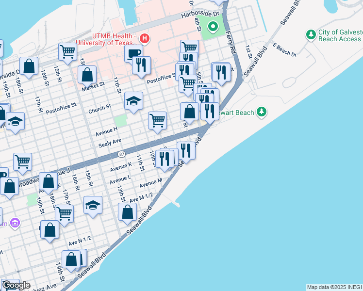 map of restaurants, bars, coffee shops, grocery stores, and more near 728 Avenue K in Galveston
