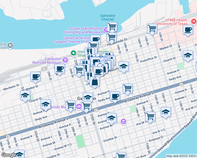 map of restaurants, bars, coffee shops, grocery stores, and more near 525 22nd Street in Galveston