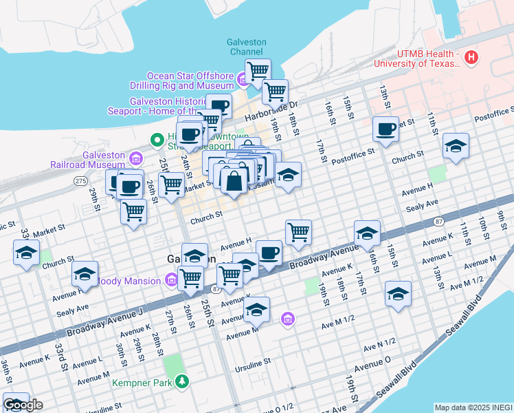 map of restaurants, bars, coffee shops, grocery stores, and more near 601 Moody Avenue in Galveston
