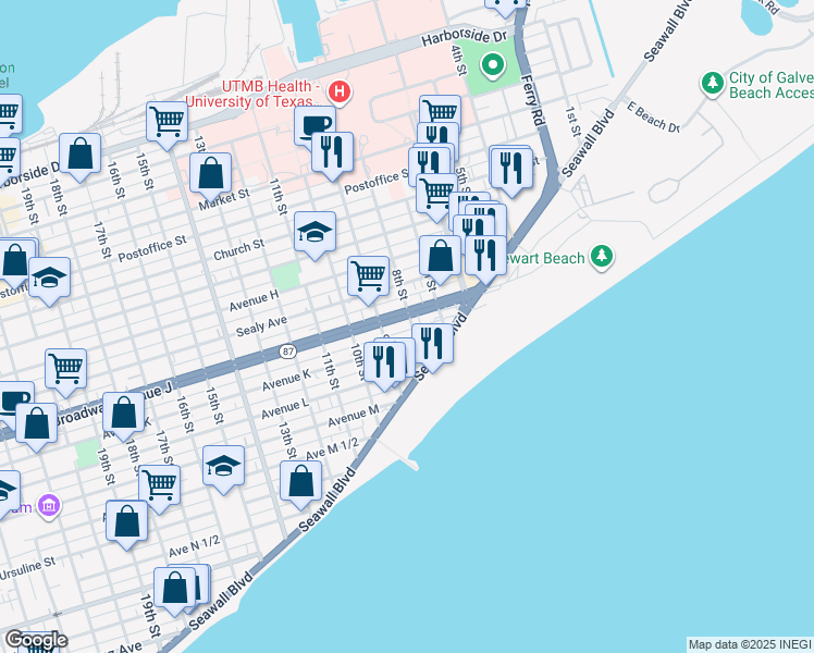 map of restaurants, bars, coffee shops, grocery stores, and more near 728 Avenue K in Galveston