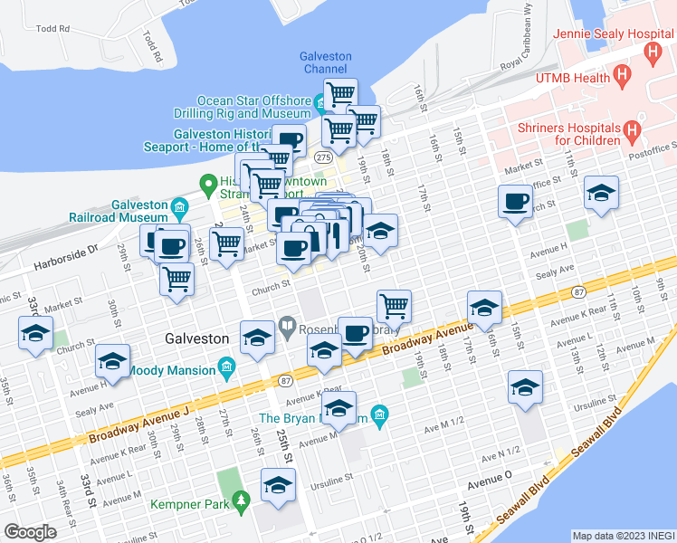 map of restaurants, bars, coffee shops, grocery stores, and more near 2113 Postoffice St in Galveston