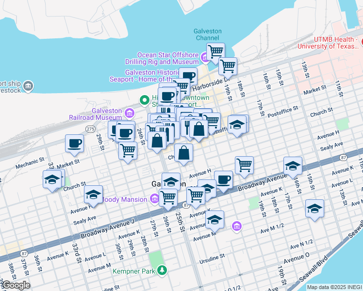 map of restaurants, bars, coffee shops, grocery stores, and more near 505 23rd Street Rear in Galveston