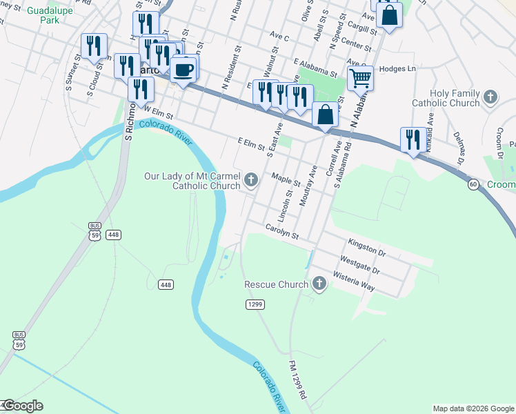 map of restaurants, bars, coffee shops, grocery stores, and more near 603 South East Avenue in Wharton