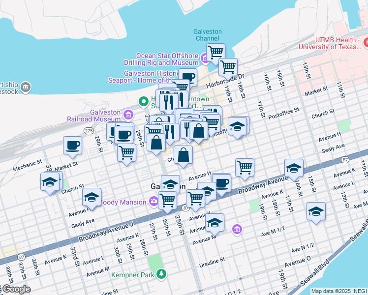 map of restaurants, bars, coffee shops, grocery stores, and more near 505 23rd Street Rear in Galveston