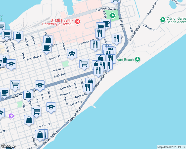 map of restaurants, bars, coffee shops, grocery stores, and more near 728 Avenue K in Galveston