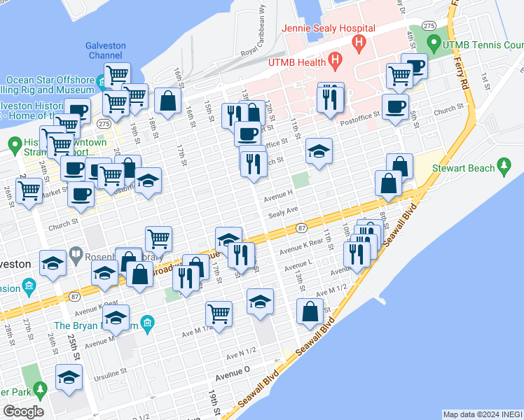 map of restaurants, bars, coffee shops, grocery stores, and more near 1328 Sealy Avenue in Galveston