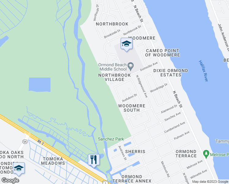 map of restaurants, bars, coffee shops, grocery stores, and more near 866 Lindenwood Circle West in Ormond Beach