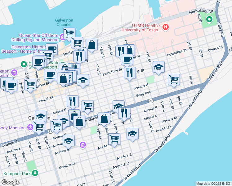 map of restaurants, bars, coffee shops, grocery stores, and more near 722 16th Street in Galveston