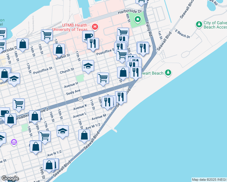 map of restaurants, bars, coffee shops, grocery stores, and more near 728 Avenue K in Galveston