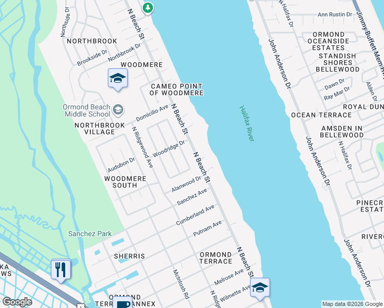 map of restaurants, bars, coffee shops, grocery stores, and more near 732 North Beach Street in Ormond Beach