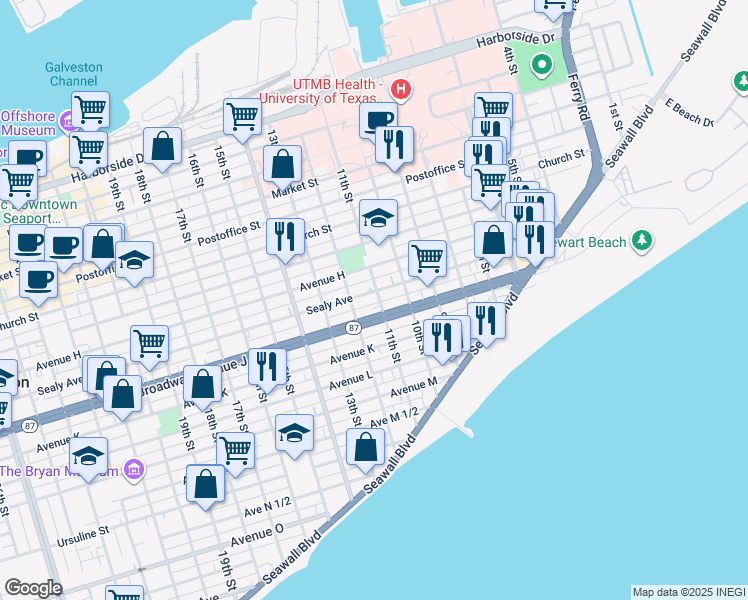 map of restaurants, bars, coffee shops, grocery stores, and more near 1114 Broadway Avenue J in Galveston