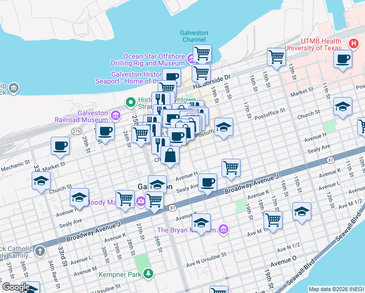 map of restaurants, bars, coffee shops, grocery stores, and more near 525 22nd Street in Galveston