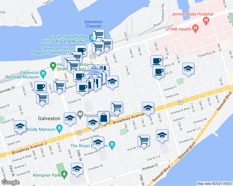map of restaurants, bars, coffee shops, grocery stores, and more near 1827 Winnie Street in Galveston