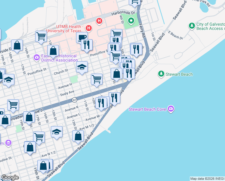 map of restaurants, bars, coffee shops, grocery stores, and more near 728 Avenue K in Galveston