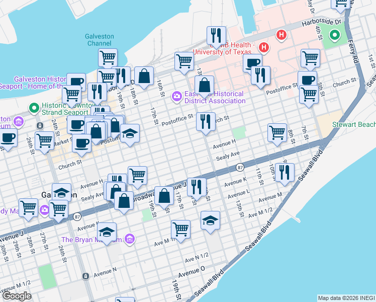 map of restaurants, bars, coffee shops, grocery stores, and more near 811 15th Street in Galveston